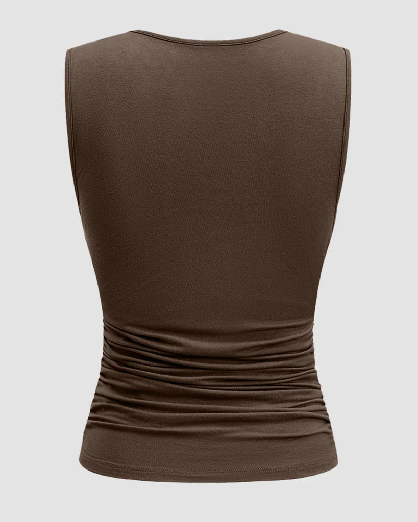 a brown sleeveless ruched top