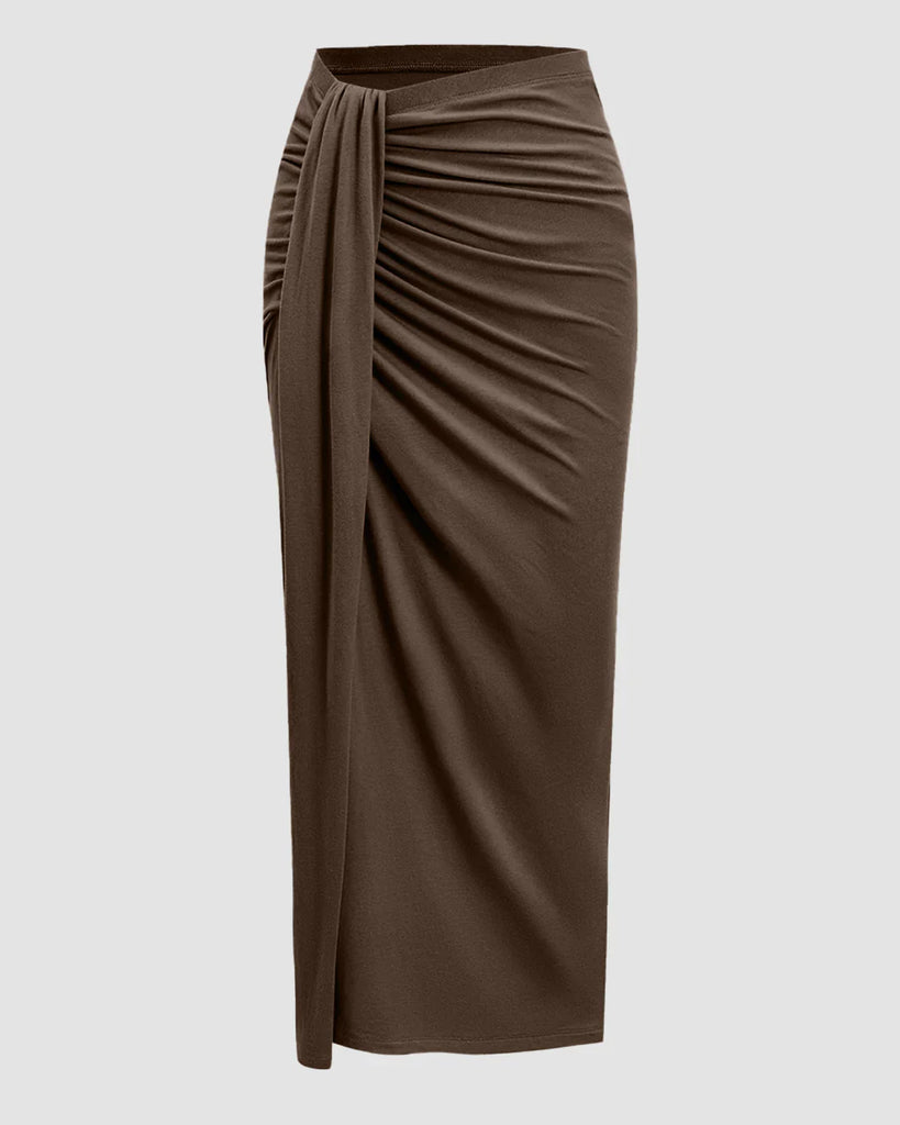 a brown midi skirt set.
