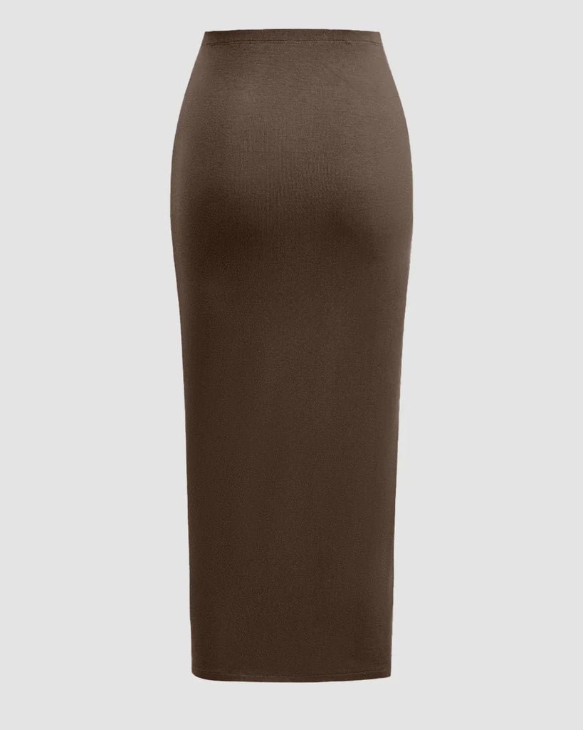 Back view of a brown  midi skirt set.