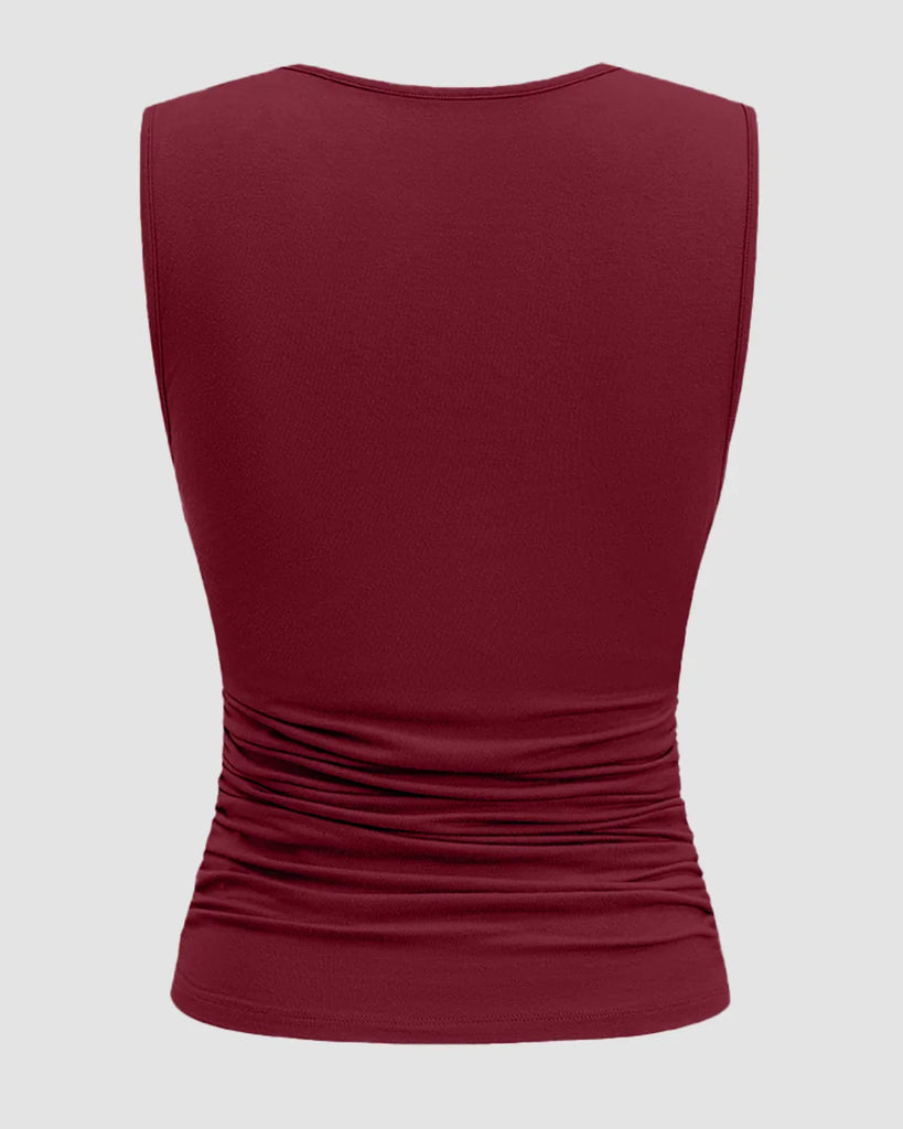 Back view of a sleeveless ruched top