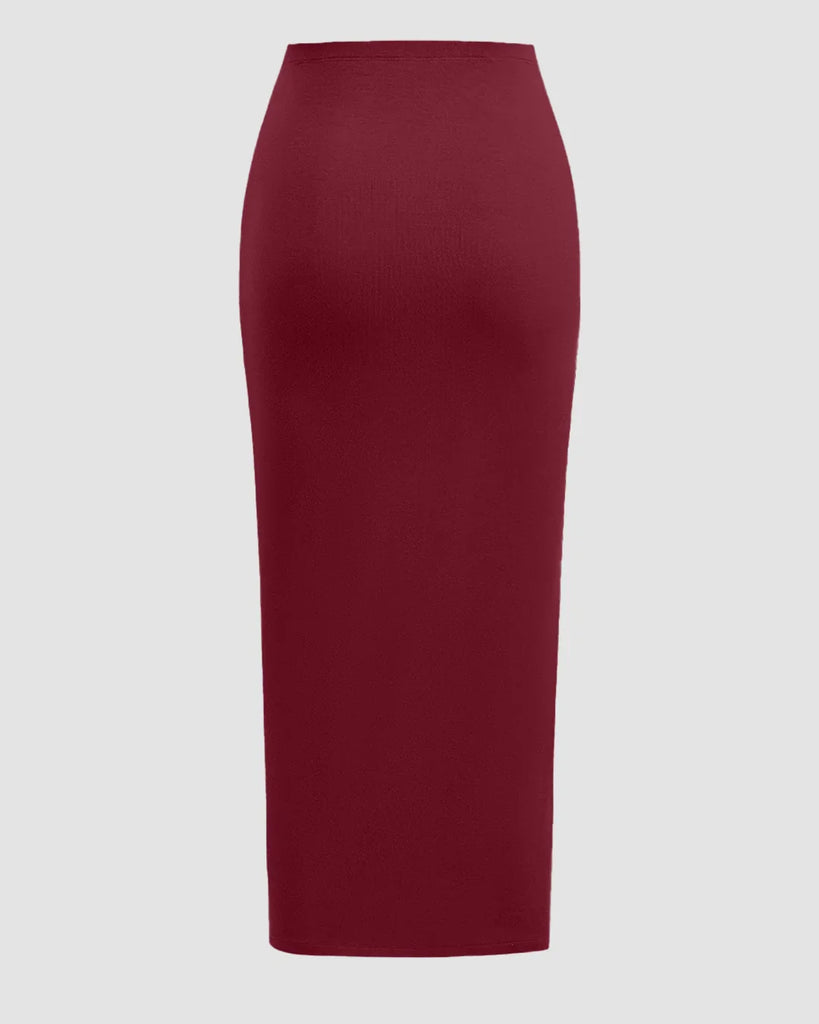  Back view of a matching midi skirt.