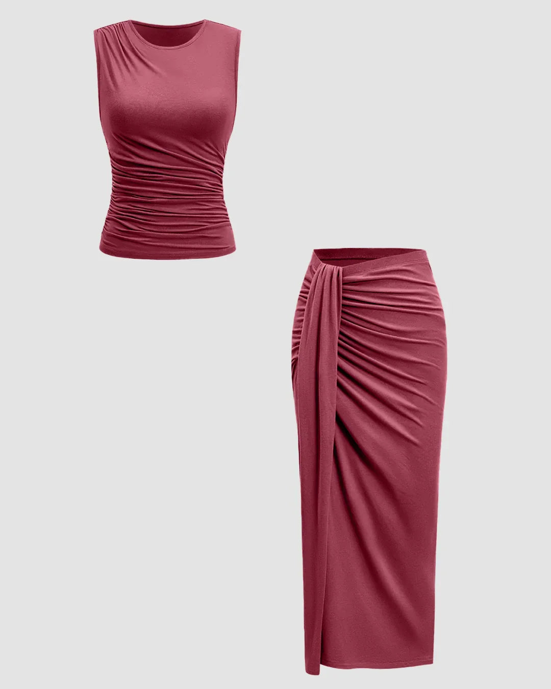 Sleeveless Ruched Top Midi Skirt Set in Ruby - Main Image