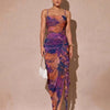 Sleeveless Ruffle High Slit Bodycon Abstract Print Dress Front View for Women | Littlebox India