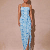 Sleeveless Ruffle High Slit Bodycon Floral Dress in Sky Blue Front View for Women | Littlebox India