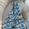 Sleeveless Square Neck Fit & Flare Floral Maxi Dress in White and Blue Front View for Women | Littlebox India