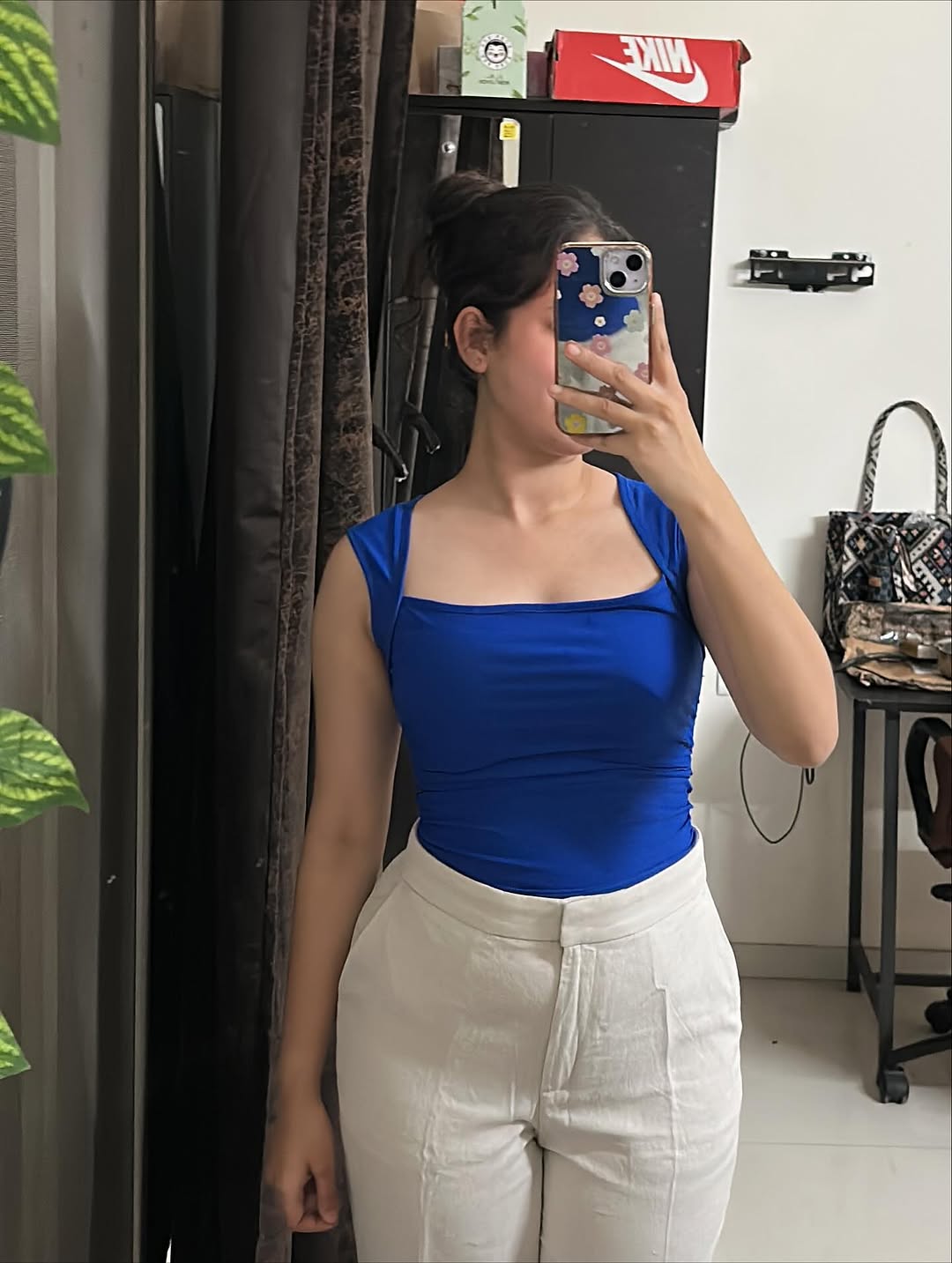 Customer photo 1 of Sleeveless Square Neck Ruched Solid Top in Royal Blue