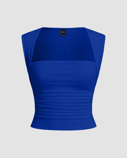 Front view of Square neck sleeveless top in royal blue with structured shoulders, ruched waist detail and smooth fitted silhouette