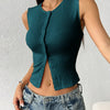 Sleeveless Textured Button Front Crop Top In Teal Blue Front View For Women | Littlebox India