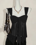 Sleeveless Tie Front Pleated Ruffle Top in Black
