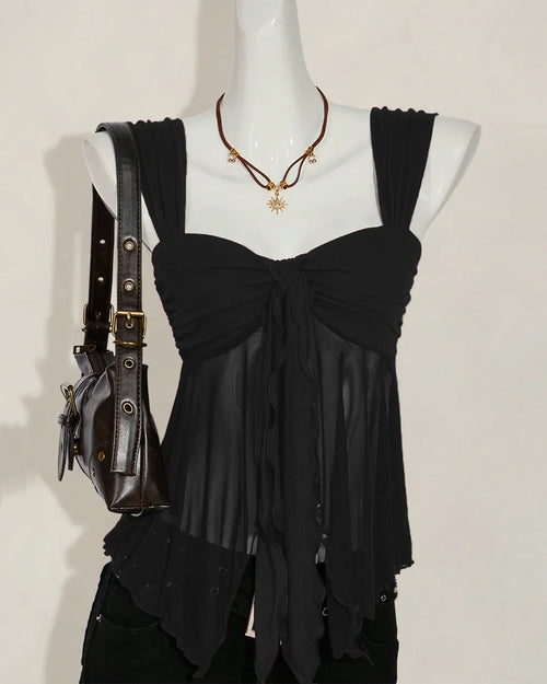 Sleeveless Tie Front Pleated Ruffle Top in Black Front View For Women | Littlebox India