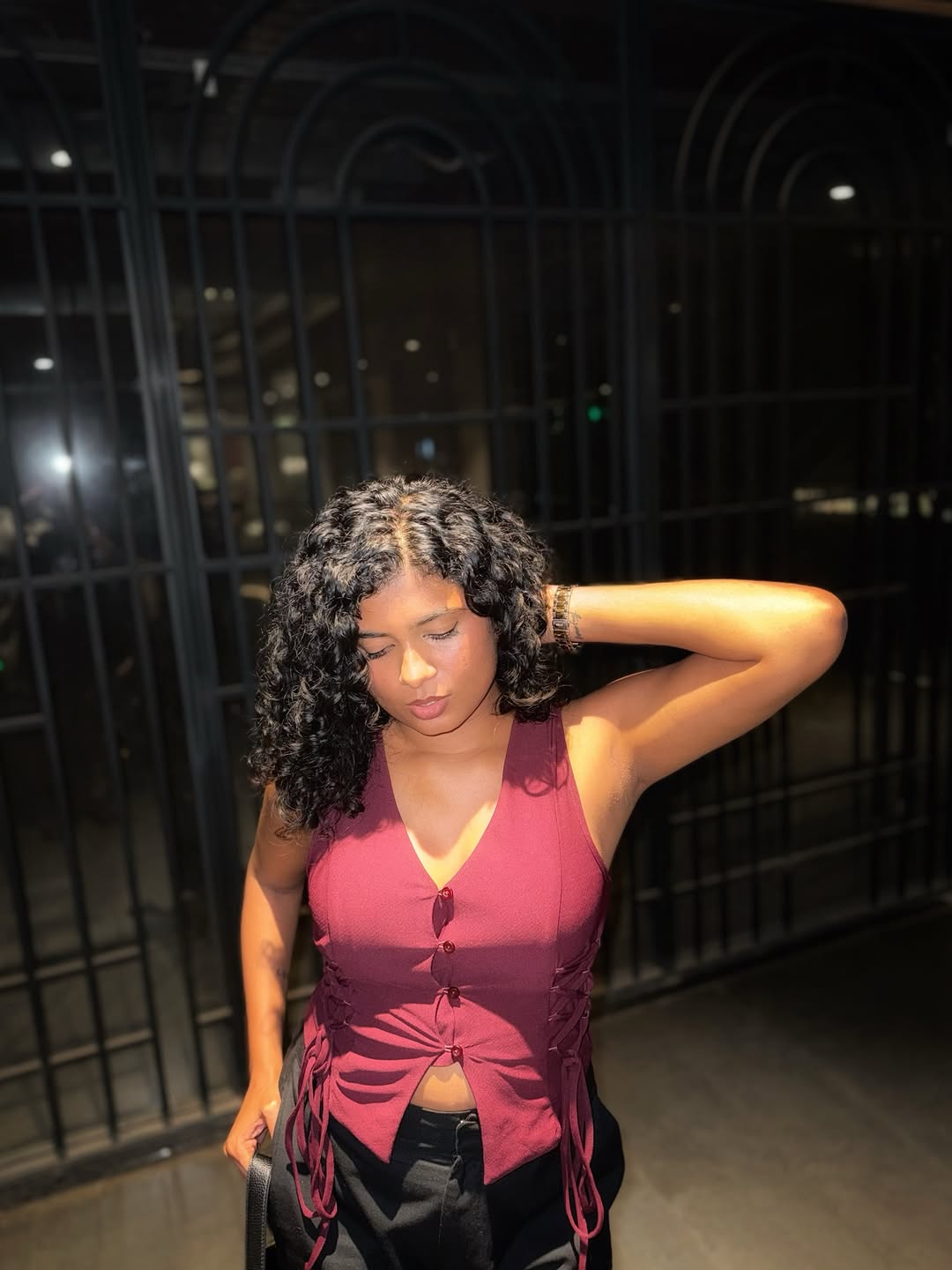 Customer photo 3 of Sleeveless V Neck Button Front Tie-Up Top in Maroon