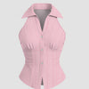 Front view of Chic pink sleeveless top with a fitted silhouette and button front, ideal for summer styling and effortless everyday outfits.