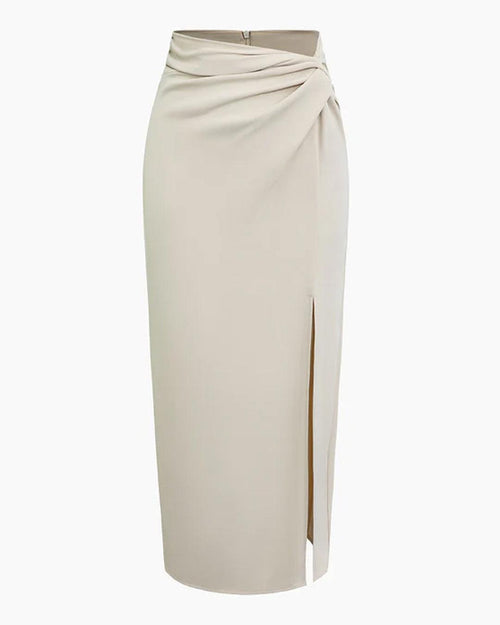 Slim Fit Straight Hem Solid Midi Skirt in Beige Front View for Women | Littlebox India
