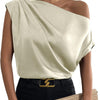 Solid Asymmetrical Neck Batwing Sleeve Satin Top In Light Gold Front View For Women | Littlebox India