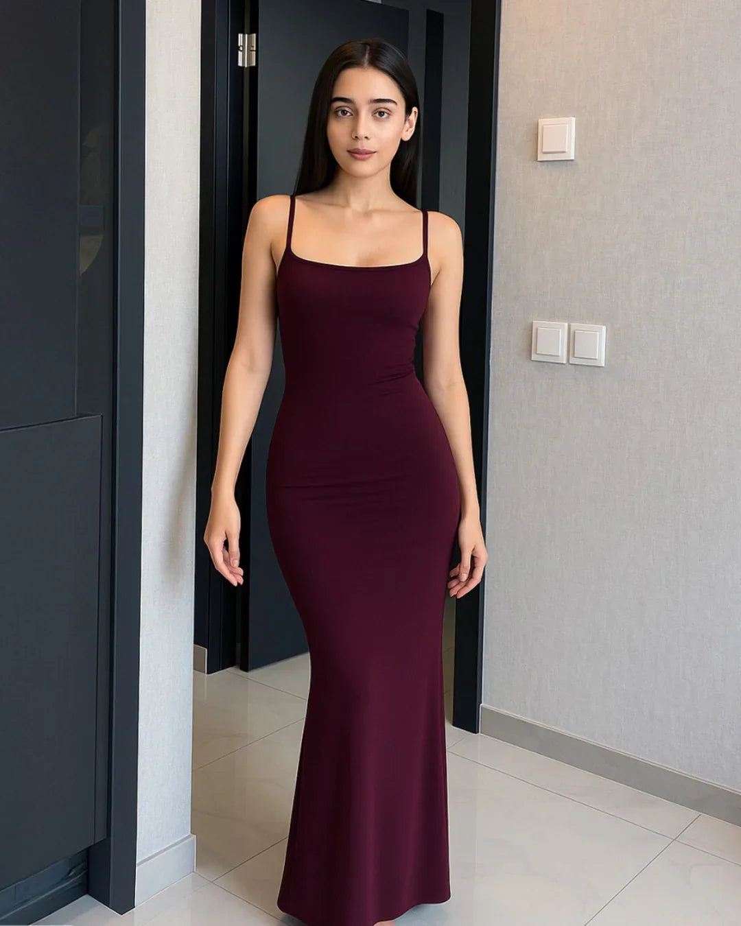 Burgundy Contour Maxi Dress With Thin Straps - Littlebox India