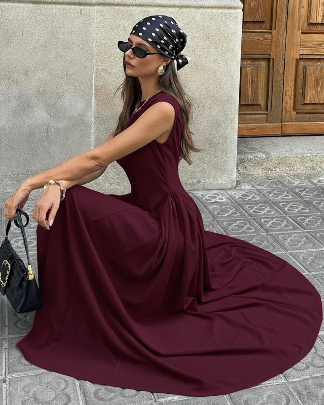Burgundy Crew Neck Fit & Flare Maxi Dress – Littlebox India