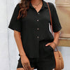 Solid Button Front Shirt and  Short Set In Black Front View For Women | Littlebox India