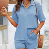 Solid Button Front Shirt and Short Set In Blue Front View For Women | Littlebox India