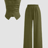 Solid Button Sleeveless Top With Solid Wide Leg Trousers In Avocado Front View For Women | Littlebox India