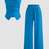 Solid Button Sleeveless Top With Solid Wide Leg Trousers In Eclectic Blue Front View For Women | Littlebox India