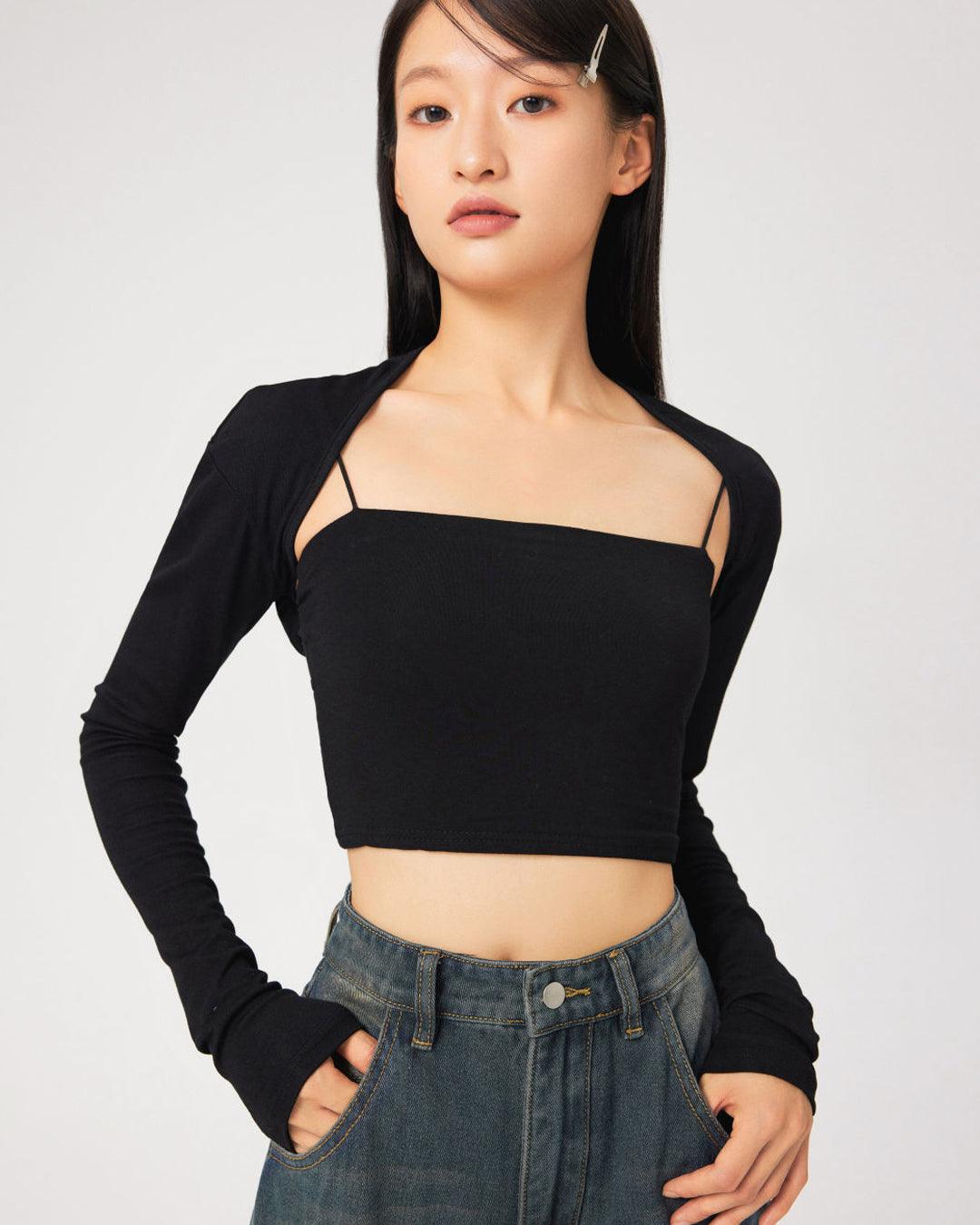 Solid Collarless Long Sleeve Black Crop Shrug