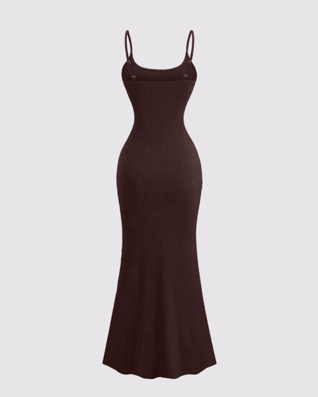 Fish Tail Spaghetti Strap Dress In Chocolate Brown