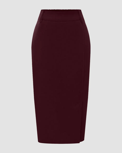 Solid Color Front Slit Pencil Knee-Length Skirt in Maroon Front View For Women | Littlebox India