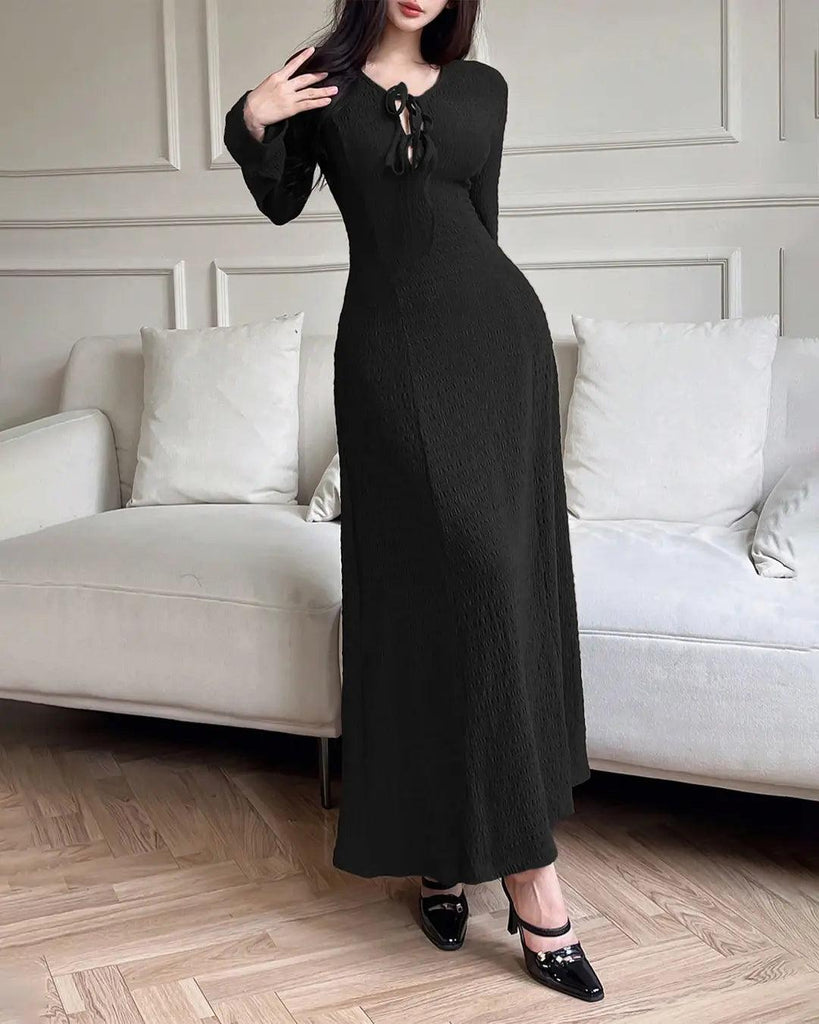 Front Long Sleeve Casual Long Dress In Black - Littlebox India Front Long Sleeve Casual Long Dress In Black - Littlebox India