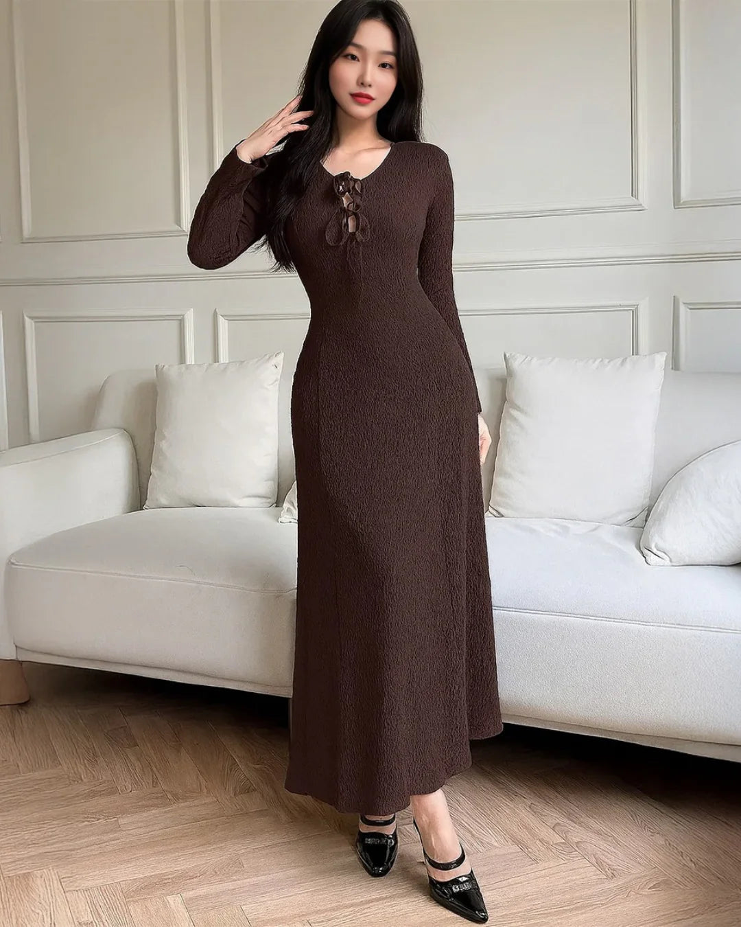 Long Sleeve Casual Long Dress In Brown