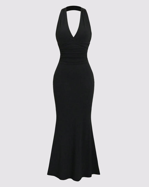 black halter neck maxi dress with ruched detailing, featuring a backless mermaid
