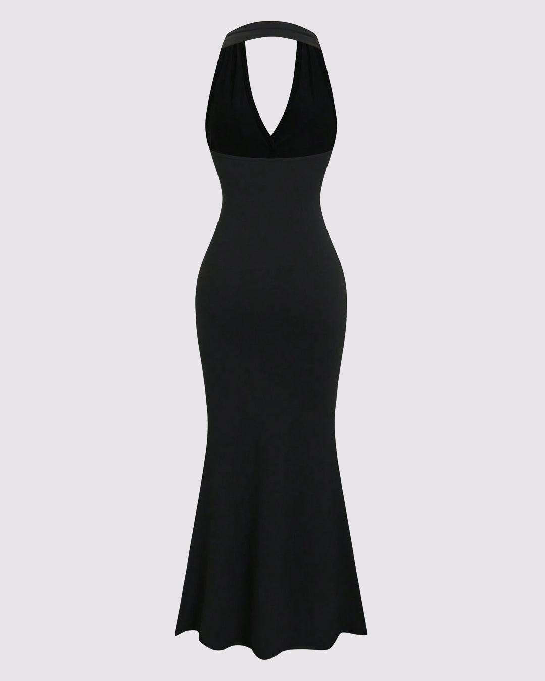 Solid Color Halter Backless Black Mermaid Dress - Littlebox India