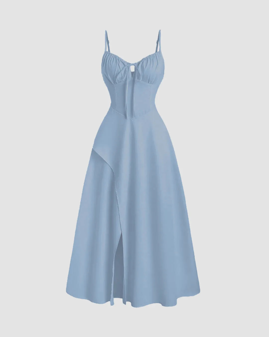Solid Color High Split Casual Spaghetti Strap Midi Dress In English Blue