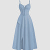 English blue solid-color midi dress for women with a high slit and spaghetti straps.