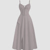 Lavender spaghetti strap midi dress featuring a solid color design with a high side slit, perfect for casual summer outings.