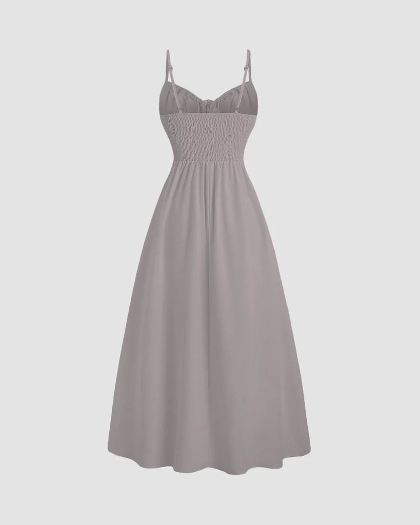 Lavender spaghetti strap midi dress featuring a solid color design with a high side slit, perfect for casual summer outings.
