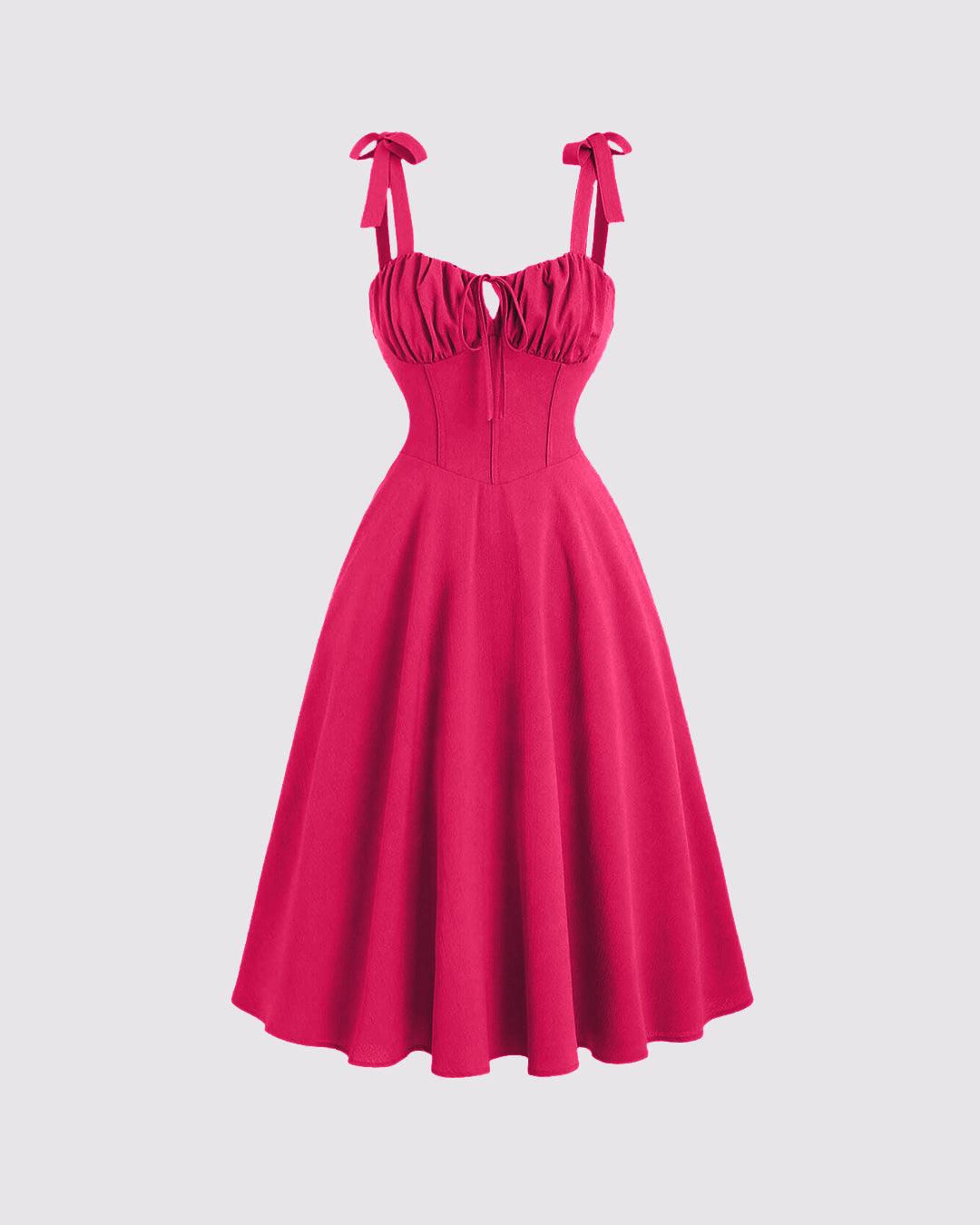 Solid Color Lace Up Backless Cinching Waist Cami Dress In Pink
