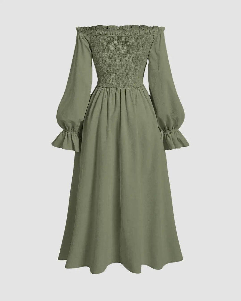 Solid Color Off-Shoulder Dress In Herbal Green - Littlebox India Solid Color Off-Shoulder Dress In Herbal Green - Littlebox India