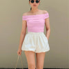 Solid Color Off-Shoulder Ruched Baby Pink Top On Model For Women | Littlebox India
