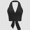 Solid Color Ruched Halter Neck Tie-Back Crop Top In Black Front View For Women | Littlebox India