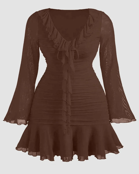 Front view of Brown long-sleeve mini dress with sheer flared sleeves, ruched fitted bodice, ruffled neckline, and flounce hem, shown front and back.