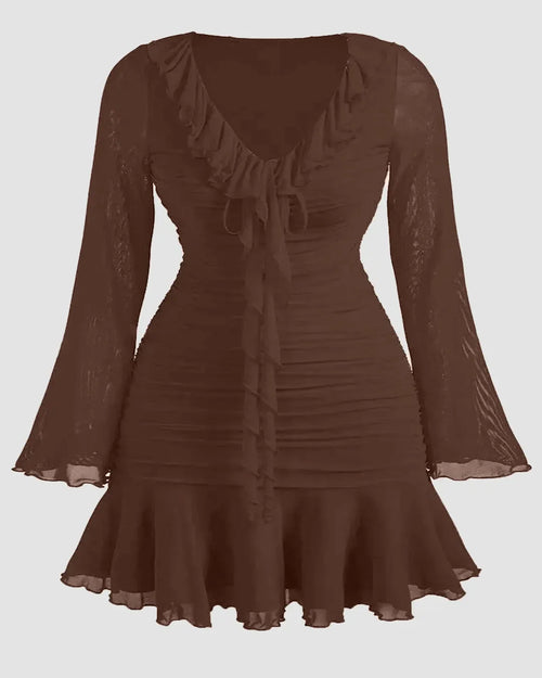 Front view of Brown long-sleeve mini dress with sheer flared sleeves, ruched fitted bodice, ruffled neckline, and flounce hem, shown front and back.