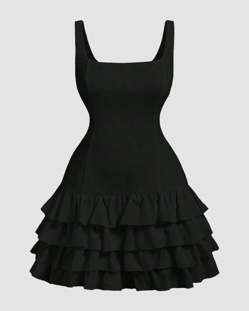 Back view of Brown long-sleeve mini dress with sheer flared sleeves, ruched fitted bodice, ruffled neckline, and flounce hem, shown front and back.