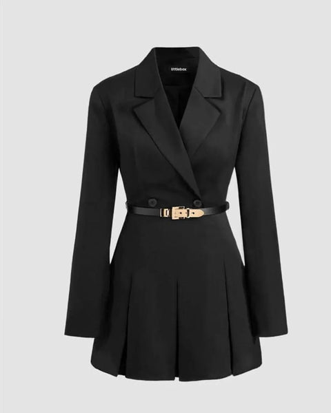 Front view of blazer mini dress in black with tailored fit, gold buckle belt and flared skirt silhouette.