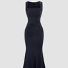 Dark Navy in solid colour pleated waist with square neckline with sleeveless, showcasing a stylish and elegant design.