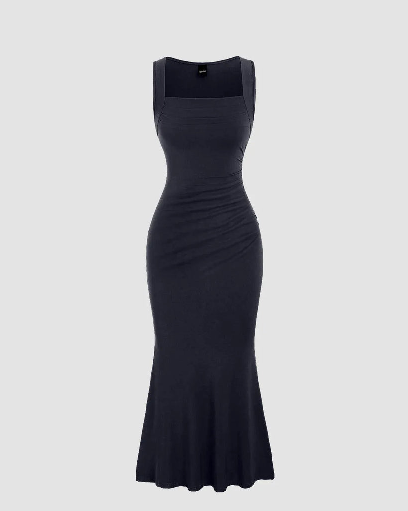 Dark Navy in solid colour pleated waist with square neckline with sleeveless, showcasing a stylish and elegant design.