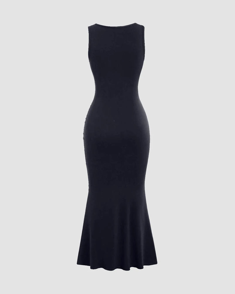 Dark Navy in solid colour pleated waist with square neckline with sleeveless, showcasing a stylish and elegant design.