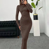 Coca Brown Solid Pleated Bodycon Dress for Women with Stand Collar and Long Sleeves
