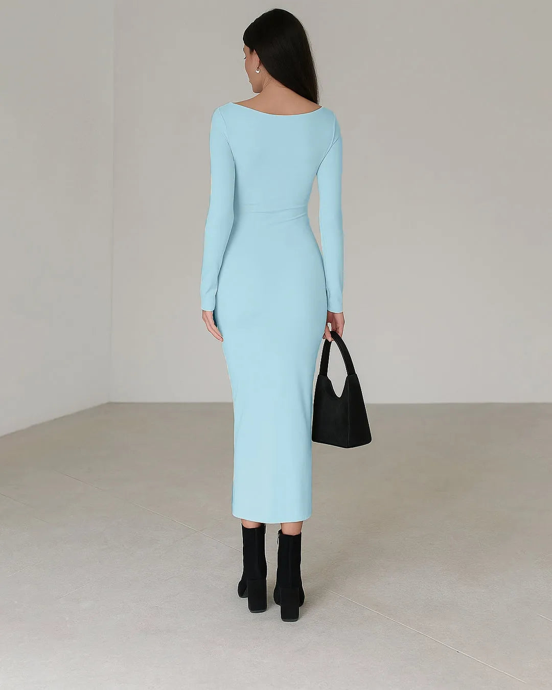 Long Sleeve Pleated Bodycon Dress In Blue - Littlebox India Long Sleeve Pleated Bodycon Dress In Blue - Littlebox India
