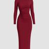 Solid Color Stand Collar Long Sleeve Pleated Bodycon Dress In Redberry Front View for Women | Littlebox India