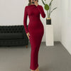 Solid Color Stand Collar Long Sleeve Pleated Bodycon Dress In Redberry